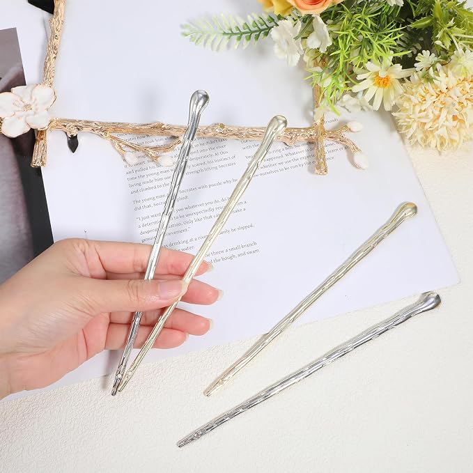 4Pcs Silver Gold Hair Chopsticks Chinese Hair Sticks for Buns Metal Chinese Hairpin Classic Hairs Accessories for Women Lady Girls Buns and Updos Suitable Fine Thick Hairs 6.9inch