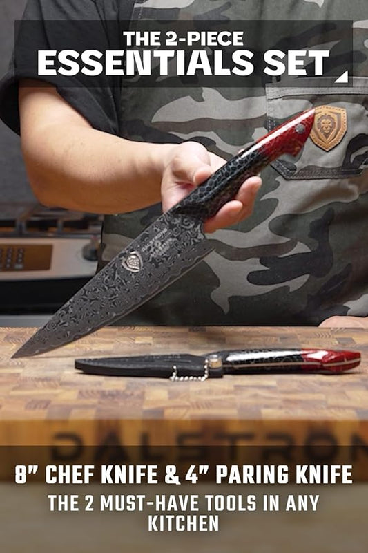 Dalstrong 2 Piece Knife Set - Chef Knife 8"+Paring Knife 4"-Scorpion Series Hellfire-Japanese V12 Ultra™Steel-Black Damascus-Black & Red Honeycomb Resin Handle-Leather Sheath