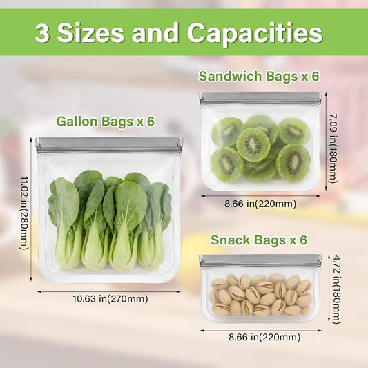 18 Pack Reusable Lock Bags Silicone, 3 Sizes Leak Proof Freezer Bags, Food Storage Bags Keep for Fresh Fruits Veggie - 6 Gallon 6 Sandwich 6 Snack (Grey)