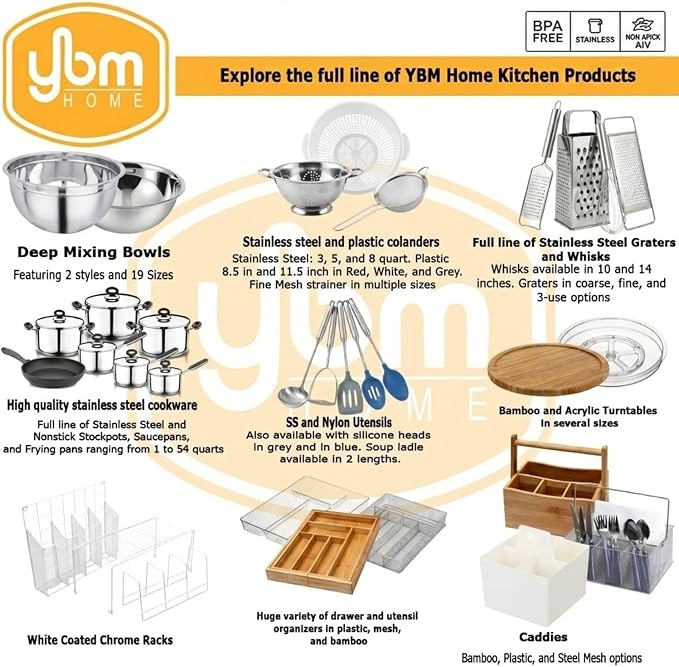 YBM HOME Heavy Duty Professional Stainless Steel Mixing Bowl – Commercial Grade Deep Prep & Serving Bowl for Baking, Cooking, Dough Mixing & Food Prep, Dishwasher Safe, 6.5 Quarts