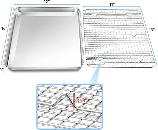 TeamFar Baking Sheet with Rack, 16 x 12 x 1 Inch Stainless Steel Cookie Baking Pan Tray with Grid Rack for Baking Roasting Cooling, Healthy & Heavy-Duty, Oven & Dishwasher Safe