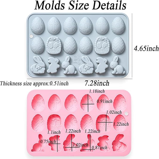 2 Pcs Egg Bunny Silicone Molds, 18-Cavity Baking Molds for DIY Cake Decoration,Chocolate, Pastry, Bread, Ice Cube, Soap, Jello, Easy Release, Reusable