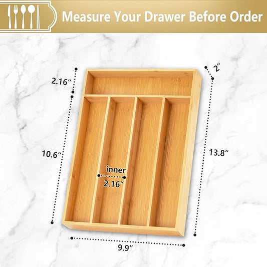 Silverware Organizer, 2 Pack 10 Inch Utensil Organizer Kitchen Drawer Organizer Bamboo Silverware Holder Cutlery Tray Organizer in Drawer Flatware Organizer Tray(5 slots, Natural)