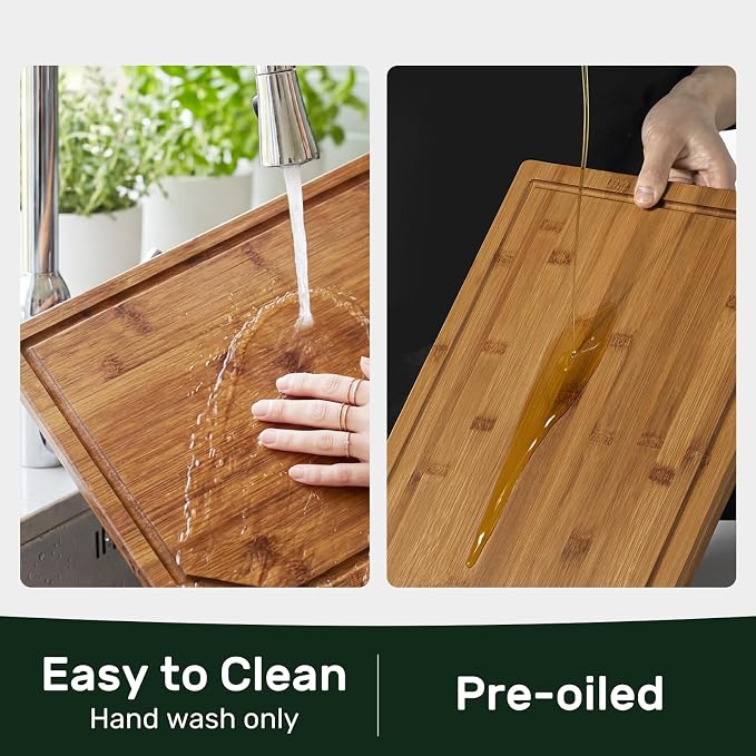 Kikcoin 17”×11” Deep-Carbonized Bamboo Cutting Boards for Kitchen, Healthy Wooden Cutting Boards for Kitchen, Charcuterie, Vegetables, Extra Large Chopping Boards with Deep Juice Groove and Handle