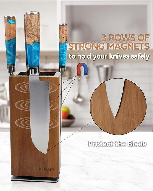 Magnetic Knife Block 360° Rotating Wood Universal Knife Holder with Four Side Ultra Strong Magnets, Knife Storage Rack with Removable Bristles, Multifunctional Storage for Kitchen Counter Top