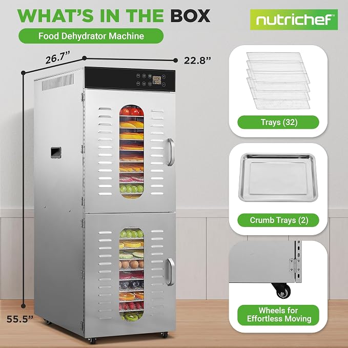 NutriChef 32 Layer & 2 Chamber Commercial Food Dehydrator Machine - Stainless Steel Trays, Digital Timer and Temperature Control, Ideal for Jerky Meat, Fruit, Pet Treats, Vegetables, and Herbs