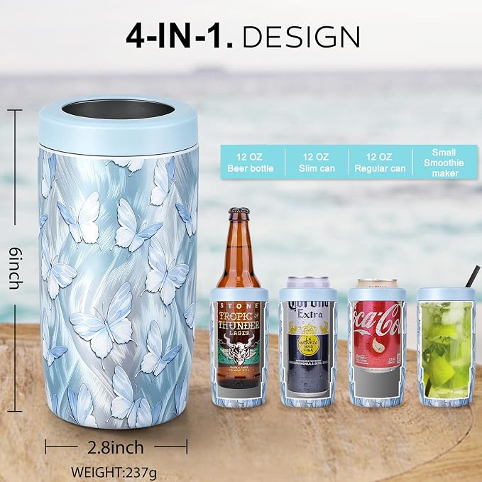 4-in-1 Slim Can Cooler Easy to Hold Insulated Beer Can Holder Double-Walled Stainless Steel for All 12 Oz Cans Blue Butterfly