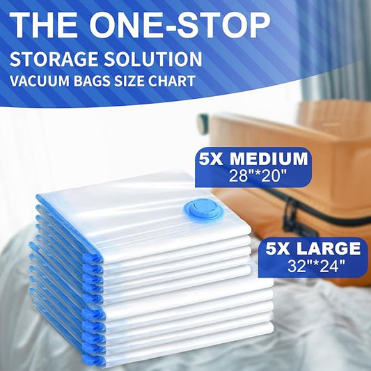 SZO 10 Pack Vacuum Storage Bags (5 Large/5 Medium),Durable & Reusable Storage Bags,Vacuum Seal Bags For Clothing Travel, Space Saver Bags For Luggage, Blankets,Bedding,Moving Bags(No Pump Include)