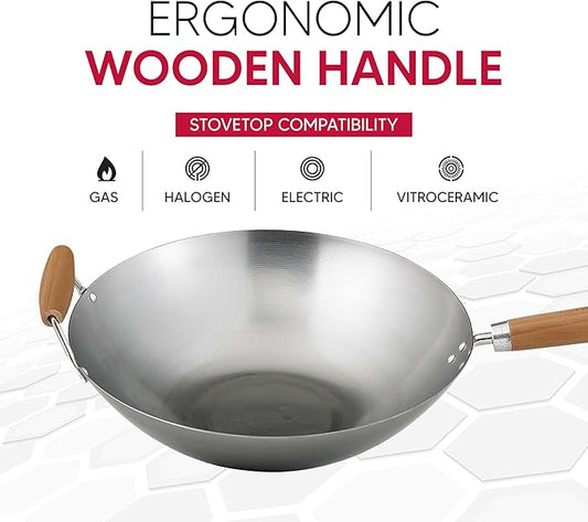 Helen's Asian Kitchen Wok, Carbon Steel and Bamboo, 14-Inches