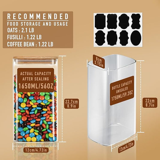 56oz Rectangle Airtight Glass Storage Containers with Bamboo Lids (Set of 4), Square Food Storage Jar, Pantry Organizers for Oats, Cereal, Pasta and Coffee beans (with Black Lable)