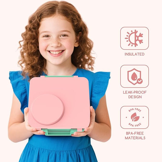 Bento Box for Kids - Leak-Proof Bento Lunch Box with Insulated Thermos Food Jar - 4 Compartments, 1 Removable Divider, 1Spoon, 1 Fork - Dishwasher Safe, BPA-Free (Light pink)