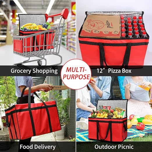 1PK Insulated Food Delivery Bag, 3X-Large Reusable Grocery Bags, Red | Commercial Food Warmers for Delivery Drivers, Tote Bags for Cooler/Hot Food, Picnic/Travel, Heavy Duty, Catering 23"x14"x15"