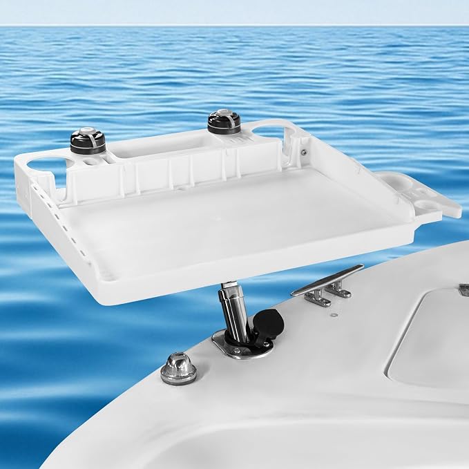 Boat Cutting Board Bait Table with Stainless Steel Arm, Single Rod Holder, 360° Rotating Surface, Knife & Plier Slots, Drain Channel – Fish Cleaning & Fillet Station for Boats & Grills