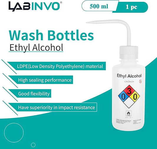 Ethyl Alcohol Wash Bottles, 1PC of Vol.500ml (17oz), Narrow Mouth, Self-Venting Safety Wash Bottles, LDPE Material,IN-WBE501