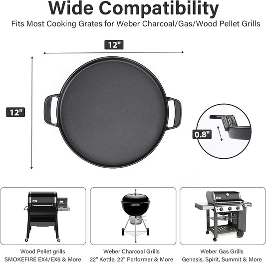 7421 Cast Iron Griddle - 12" Gourmet BBQ System Insert, Fits Most Cooking Grates for Weber Charcoal/Gas/Pellet Grills (22" Kettle/Performer, SMOKEFIRE EX4/EX6, Genesis, Spirit &More)