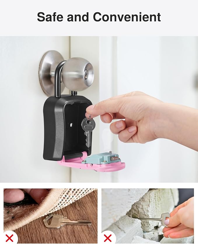 Puroma Key Lock Box Outdoor 4 Digit Code Combination Lockbox House, 1 Pink | For Contractors Guest Realtor Storage Keys, Portable, Home Wall Mount, Resettable, Combination, Weatherproof, High-capacity