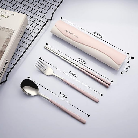 DEVICO Travel Utensils with Case, 4 Piece Portable Silverware Set for Work | 18/8 Stainless Steel Reusable Travel Cutlery Set, Korean Chopsticks Fork and Spoon Set for Lunch Box/Camping/Picnic/Dorm,Pink