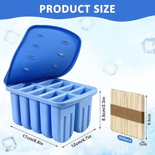 Popsicles Molds, 10 Cavity Silicone Popsicle Molds Easy-Release BPA-free Popsicle Maker Molds Ice Pop Molds Homemade Popsicle Ice Cream Molds with 50PCS Popsicle Sticks for Yogurt Juice Smoothies