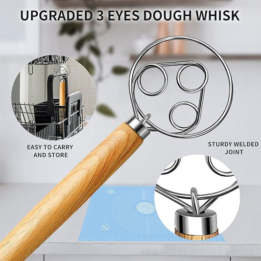 TEEVEA Danish Dough Whisk for Sourdough Bread, Pizza & Pastry - Wooden Handle with Stainless Steel Hook