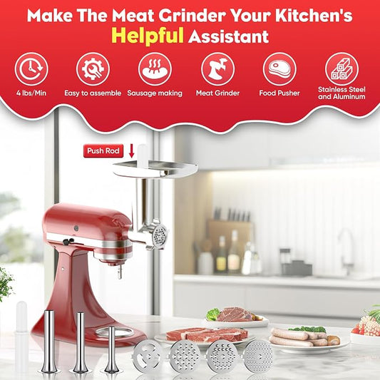 Meat Grinder for KitchenAid Mixer, Meat Grinder Attachment with 4 Grinding Plates, 3 Sausage Stuffer Tubes, 2 Grinding Blades, Attachment for Kitchenaid Mixers