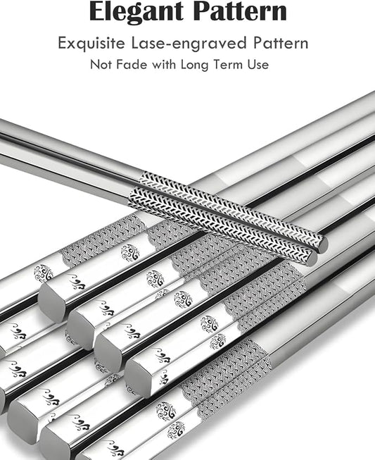 Metal Chopsticks Reusable 5 Pairs 18/8 Stainless Steel Chopsticks Sea Wave | Dishwasher Safe,Non-Slip Grip,Good for Beginners,Come in a Gift Box,SUS304 Resistant to Rust,Square,Chop Sticks Silver,9.25''