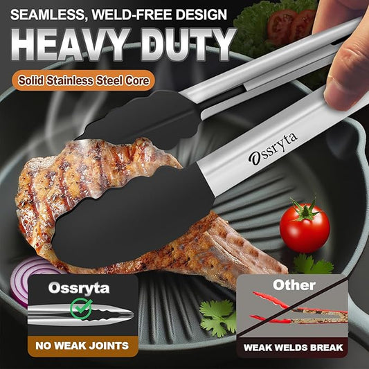 Kitchen Tongs with Silicone Tips - Heat Resistant 600°F Stainless Steel Cooking Tong Set, Non-Stick 7" 9" 12" Locking Silicone Tongs for Cooking, Grilling, Serving & Baking (3-Piece, Black)
