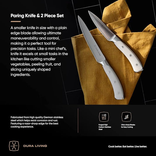 DURA LIVING 2-Piece Kitchen Knife Set – Ultra Sharp Precision German Stainless Steel Blades, 5” Utility & 3.5” Paring Knife with Ergonomic Handles, Multipurpose for Slicing & Peeling, Cream Handle