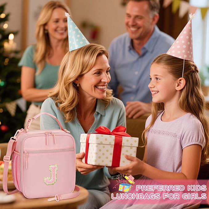 Initial Insulated Lunch Bag for Girls Kids, Back to School Gift, Reusable Leak-proof Lunch Box with Adjustable Strap for School Daycare Travel Picnic (Pink,J)