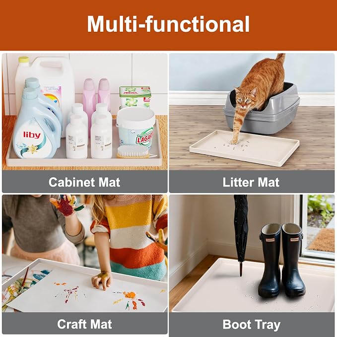 ukeetap 19" x 12" Extra Thick Silicone Mat Waterproof with Raised Edge, BPA Free Non-Slip Dog & Cat Food Mat, Feeding Mat for Food and Water Bowls, Spill Proof Mat to Protect Floors, Beige