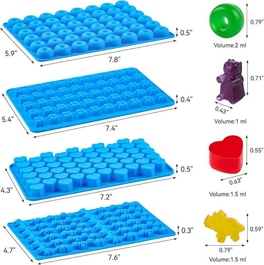 4 PCS Silicone Gummy Candy Molds, 201 Cavities Non-Stick Mini Size Gummy Bear, Dinosaur, Heart and Donut Molds with 2 Droppers for Small Hard Candies, Jello, Chocolates