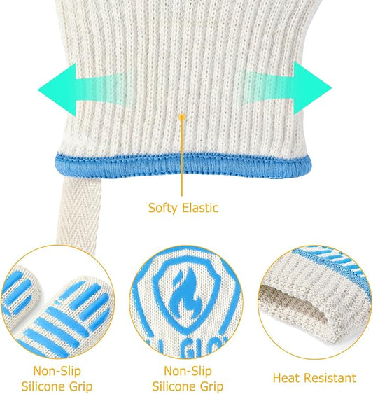 QUWIN BBQ Gloves, Oven Gloves 1472℉ Extreme Heat Resistant, Grilling Gloves Silicone Non-Slip Oven Mitts, Kitchen Gloves for BBQ, Grilling, Cooking, Baking-1 Pair… (Blue, One Size(Long Cuff))