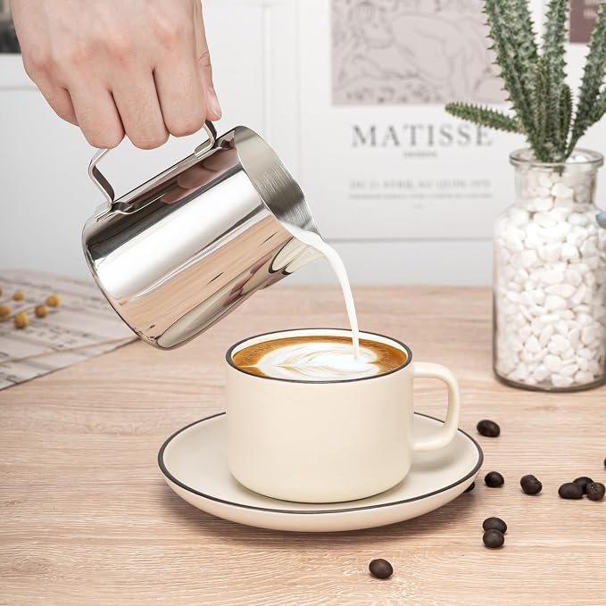 Amrules Milk Frothing Pitcher, 20oz Milk Frother Cup with Clear Scale, 304 Stainless Steel Cappuccino Espresso Machine Accessories for Barista Coffee Bar with Latte Art Pen, Silver