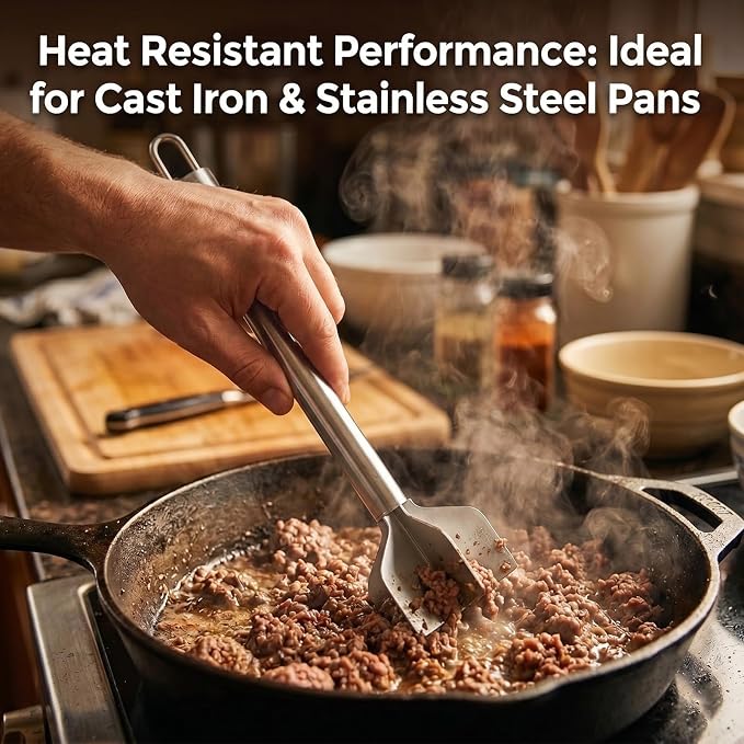 Meat Masher Stainless Steel, Heavy Duty Ground Beef Masher, 6-Blademeat Meat Chopper Potato Masher Hamburger Smasher, Dishwasher Safe (L, Stainless steel with hooks)