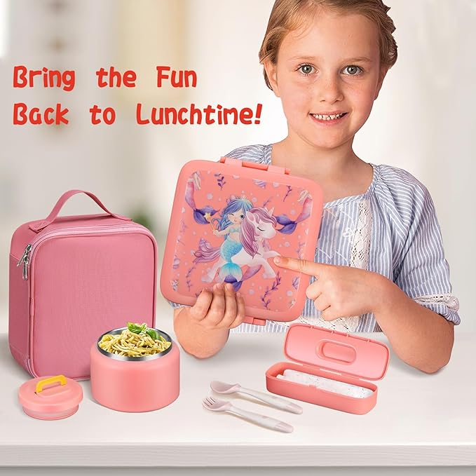Bento Lunch Box for Kids With 8oz Soup Thermo,Leak-proof Lunch Containers with 5 Compartment,Thermo Food Jar and Lunch Bag, Food Containers for School (A-Pinkļ¼Unicorn - Mermaidļ¼)