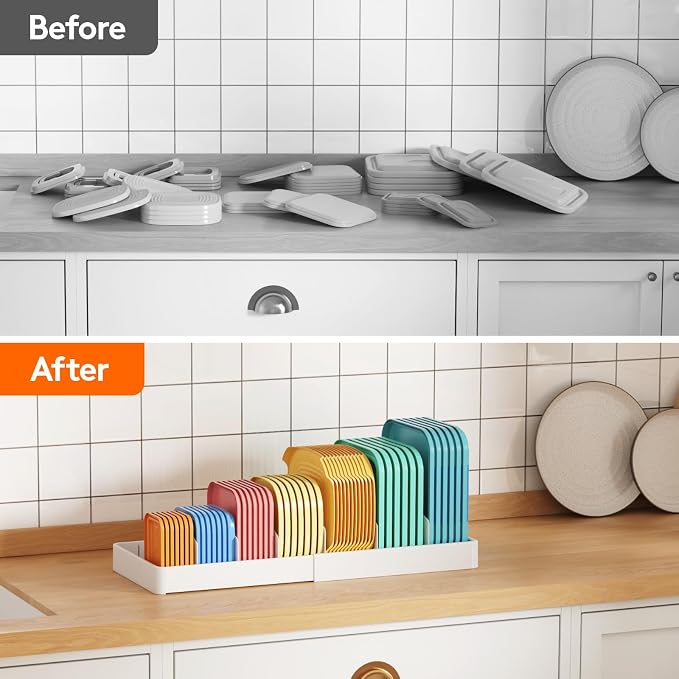 Lifewit Kitchen Cabinet Organizer for Food Contanier Lid with 9 Sections | Expandable Lid Holder with 8 Adjustable Dividers for Pantry Organizers and Storage, White, Extra Large, 13"-24"