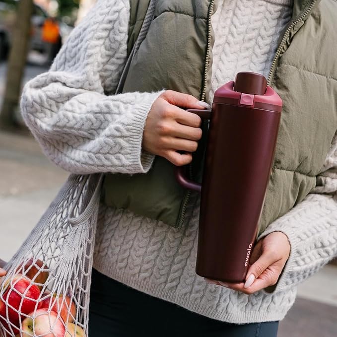 Owala FreeSip Tumbler Insulated Stainless Steel Water Bottle with Built-in Straw and Side Handle, For Travel, Work, School, and Sports, 40oz, BPA Free, Leak Proof, Black Cherry