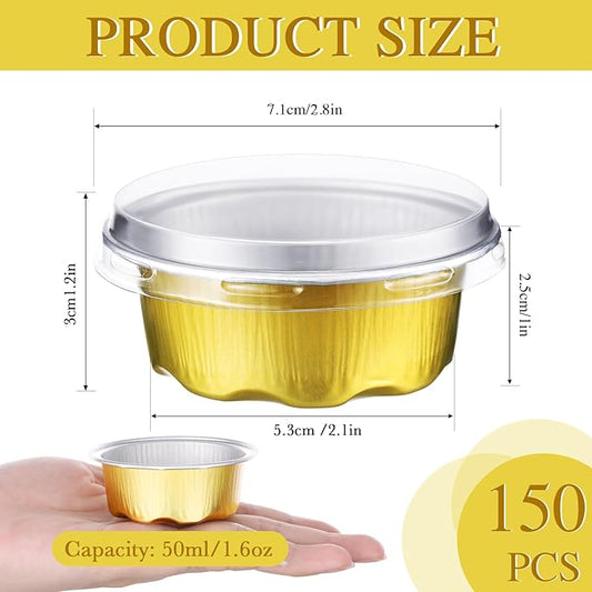 Eaasty 150 Count Baking Cups with Lids, 1.6 oz Muffin Cupcake Liners Aluminum Foil Mini Cake Pans Small Disposable Ramekins Flan Containers with Lids for Christmas, Birthday, Various Holiday(Gold)