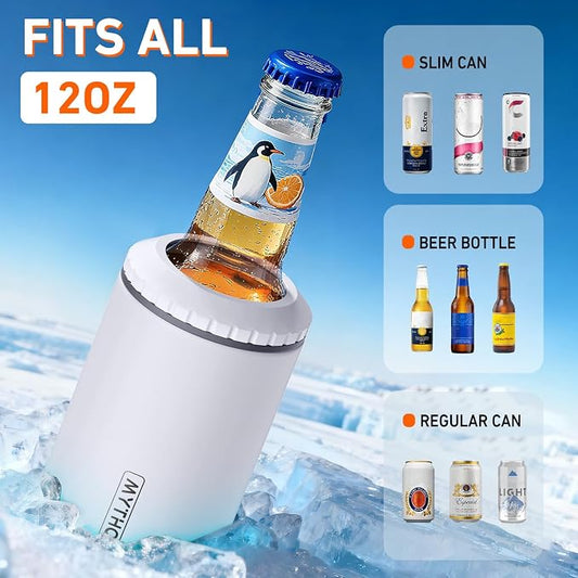 3 in 1 Slim Can Cooler for 12 OZ Skinny Can, Regular Can & Beer Bottle - Keep Cold for 6 Hours - Double Walled Insulated Stainless Steel Vacuum Beverage Can Insulator (Matte White)