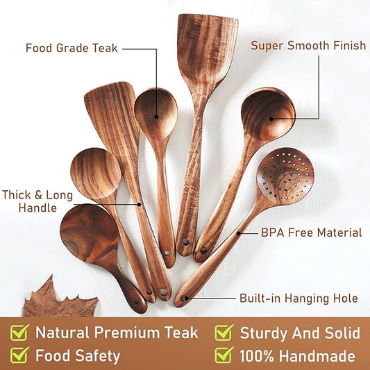 FJNATINH Wooden Spoons for Cooking, 8 Pcs Nonstick Wooden Cooking Utensils Set,Nonstick Natural and Healthy Kitchen Utensil(8 Pcs)
