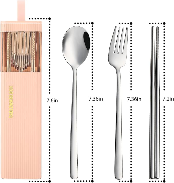 DEVICO Travel Utensils with Case, 4Pcs Korean Chopsticks Fork and Spoon Set | 18/8 Stainless Steel Portable Cutlery Set, Reusable Silverware for Lunch Box/Camping/Work/School, Dishwasher Safe, Pink