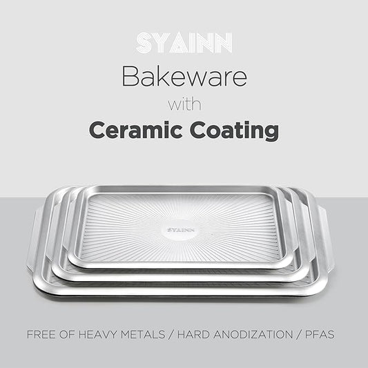 SYAINN Non-stick Ceramic Baking Sheet Set, Pack of 3 - Aluminum Steel Cookie Sheets for Baking - Includes Half/Quarter/Jelly Roll Pans - Warp Resistant, Toxic, PTFE & PFOA Free - Sliver