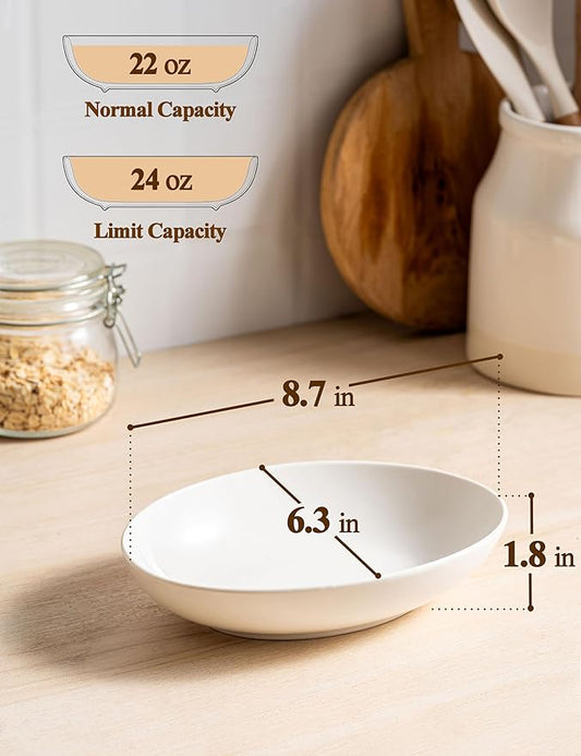 8.6" Oval Serving Bowls, 24 oz Small Oval Bowl for Side Dishes, Salad, Pasta, Snacks, White Ceramic Serving Dish, Set of 4