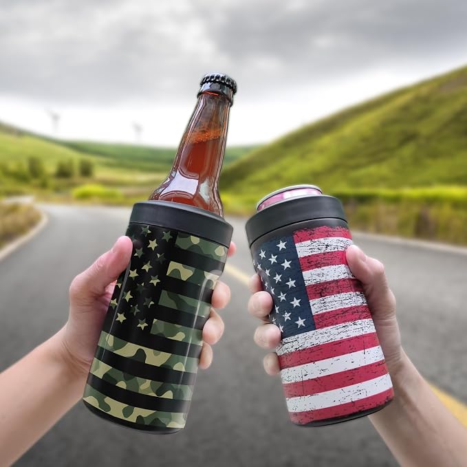 Universal Can Cooler - Signice 3 in 1 Insulated 12 oz Beer Can Insulator Stainless Steel Metal Holder for 12oz Slim Skinny Tall Standard Cans Bottle Hard Seltzer Soda Energy Drinks (Camouflage Flag)