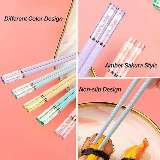 Chopsticks Reusable Dishwasher Safe, Premium Japanese Chinese Korean Non-slip Chopsticks, Lightweight, 9.6 inches - Colorful Sakura Gift Chop sticks, 5 Pairs