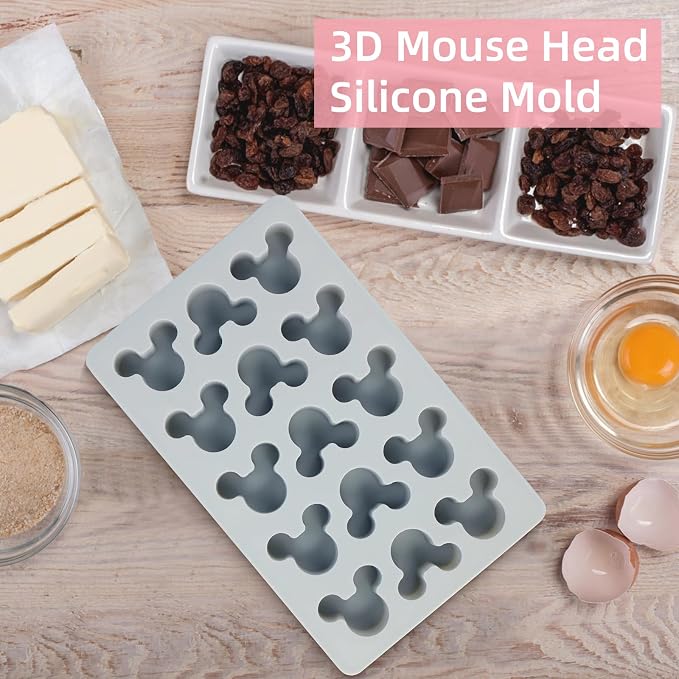 Cute Cartoon Silicone Ice Cube Molds, Reusable 15 Cavity Non-Stick Mouse Head Candy Chocolate Mold Ice Cube Trays Easy Release BPA Free Ice Mold for Kids DIY