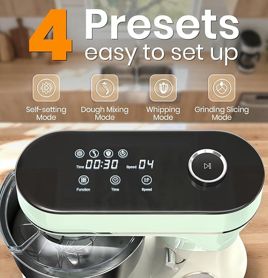 Stand Mixer 6QT Kitchen Mixer with LED Smart Touchscreen, 11-Speed Tilt-Head Mixer with Timer, 4 Preset Menus, Stainless Steel Bowl, Dough Hook, Whisk, Beater,Green