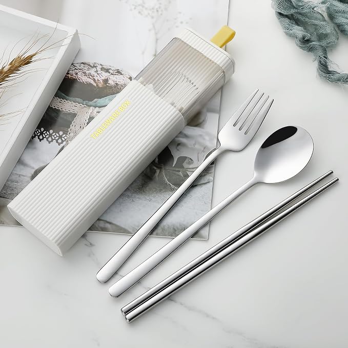 DEVICO Travel Utensils with Case, 4Pcs Korean Chopsticks Fork and Spoon Set | 18/8 Stainless Steel Portable Cutlery Set, Reusable Silverware for Lunch Box/Camping/Work/School, Dishwasher Safe, White