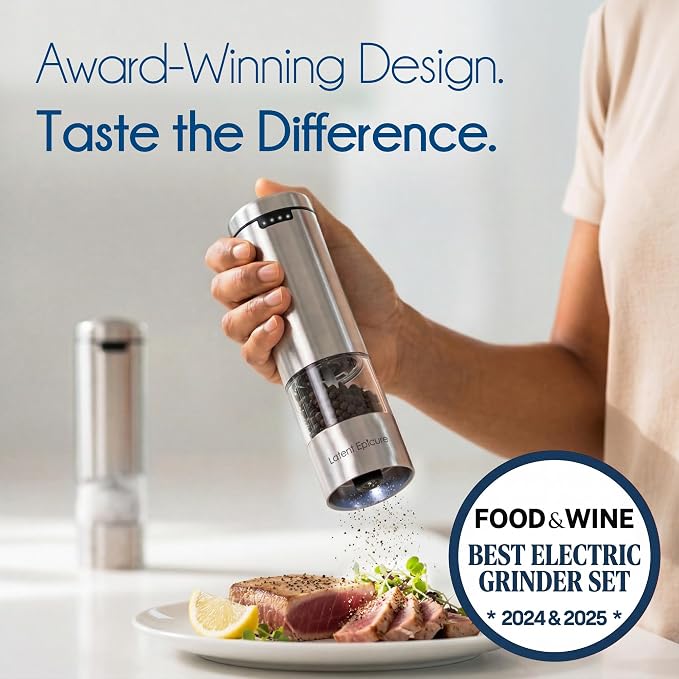 Latent Epicure Electric Salt and Pepper Grinder Set, USB-C Rechargeable Stainless Steel Mills with LED Light, Adjustable Ceramic Grinders with Acrylic Mill Rest Tray