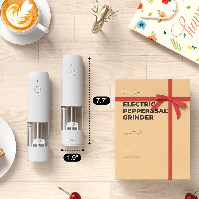 Ultrean Electric Pepper Grinder, Rechargeable Salt and Pepper Grinder with 6 Adjustable Coarseness, LED Light, Automatic Grinder for Kitchen, Kitchen Gadget & Housewarming Gifts, White