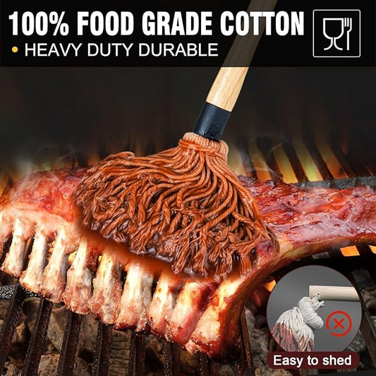 Walfos Basting Brush Silicone and BBQ Mop, Grill Basting Mop with 3 Heads and 2Pcs Pastry Brushes, Wooden Long Handle, Heat Resistant for Grilling, Smoking Steak, Kitchen Cooking (18")